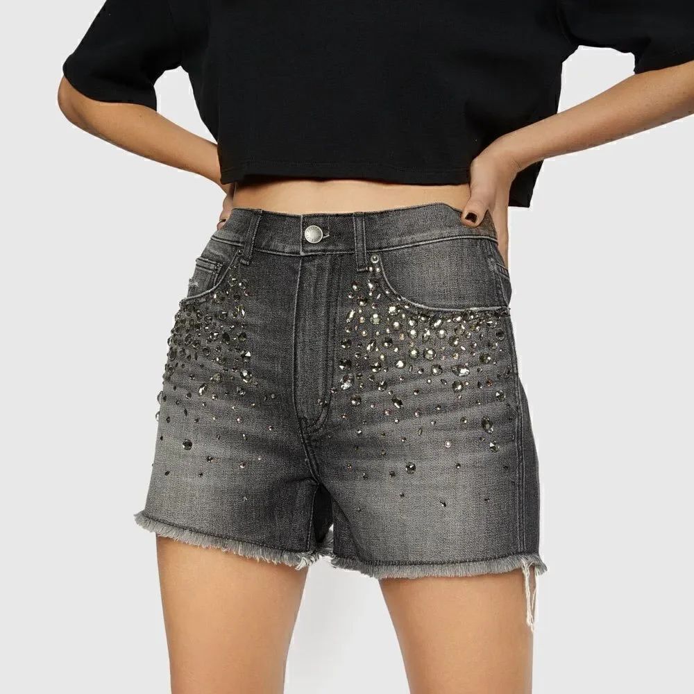 NWT Rebecca Minkoff Jean Denim Black Shorts Crystal Embellished Size 26